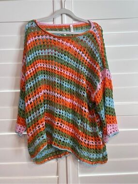 Dokotoo Rainbow Crochet Sweater Open Knit Size 2XL